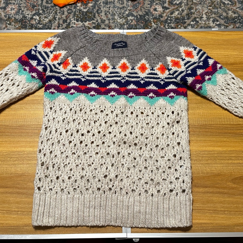American Eagle Outfitters Cream and Multicolor Crewneck Sweater